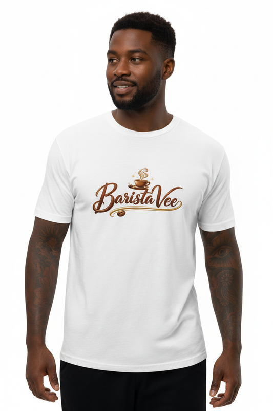 Black male model in BaristaVee t-shirt